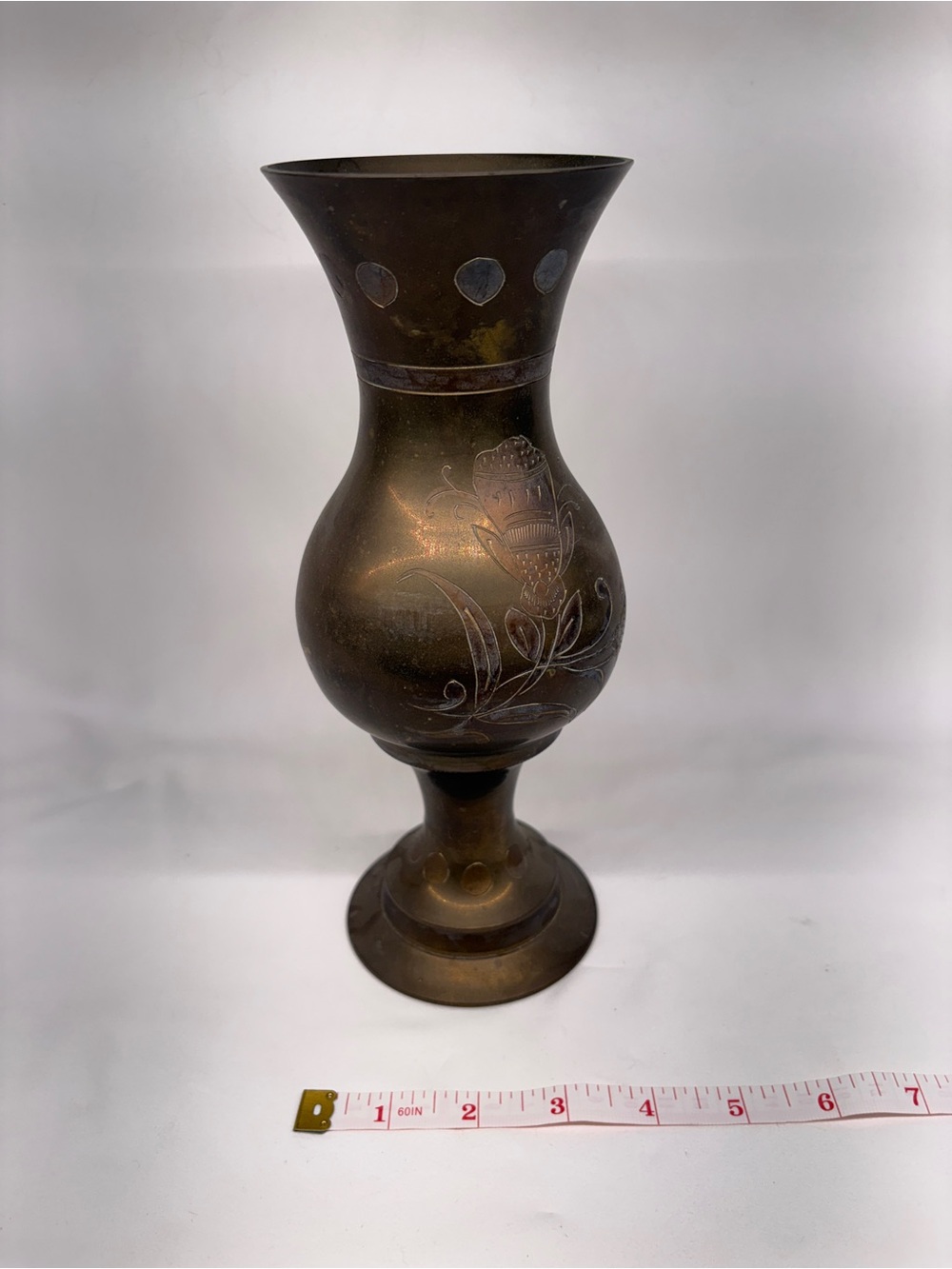 Vintage Etched Brass Footed Vase Floral Boho Decor
